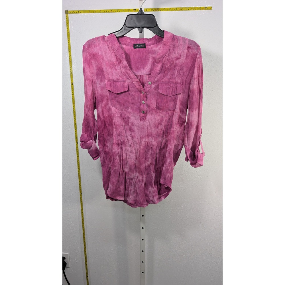 Cocomo Pink Tie Dye Crinkle Blouse Roll Tab Sleeve‎ V-Neck Button Top Womens L